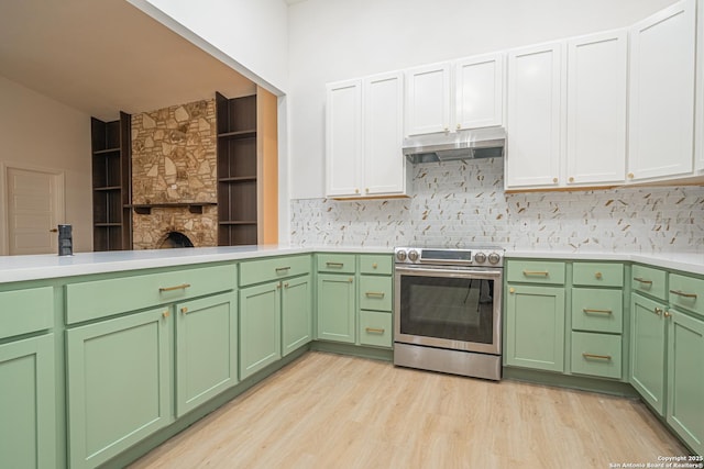 kitchen featuring white cabinets, light hardwood / wood-style flooring, built in features, and electric range