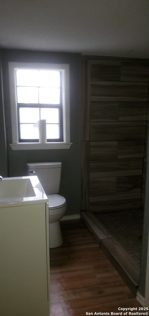 bathroom with walk in shower, wood-type flooring, toilet, and vanity