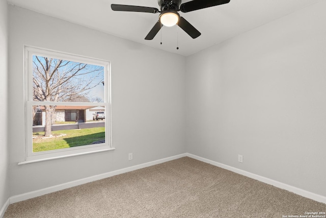 empty room with ceiling fan and carpet