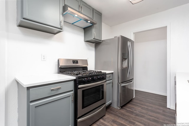 kitchen featuring stainless steel appliances, dark hardwood / wood-style flooring, and gray cabinetry