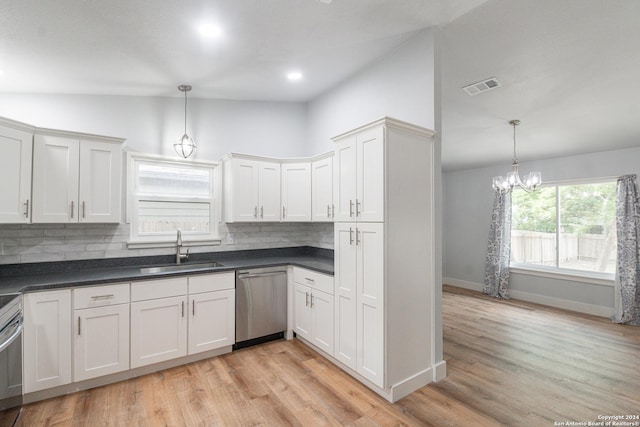 kitchen featuring hanging light fixtures, sink, stainless steel dishwasher, and backsplash