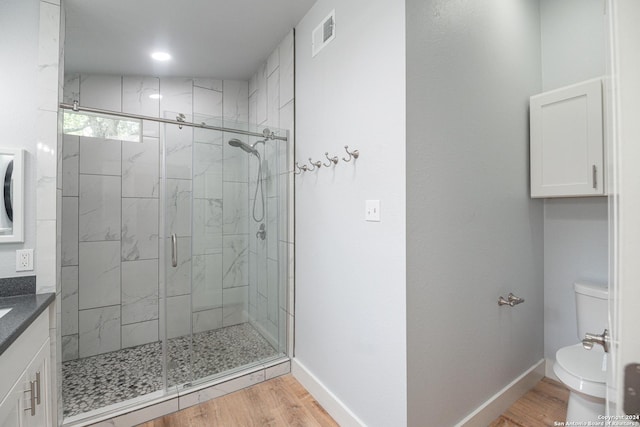 bathroom featuring vanity, wood-type flooring, a shower with shower door, and toilet