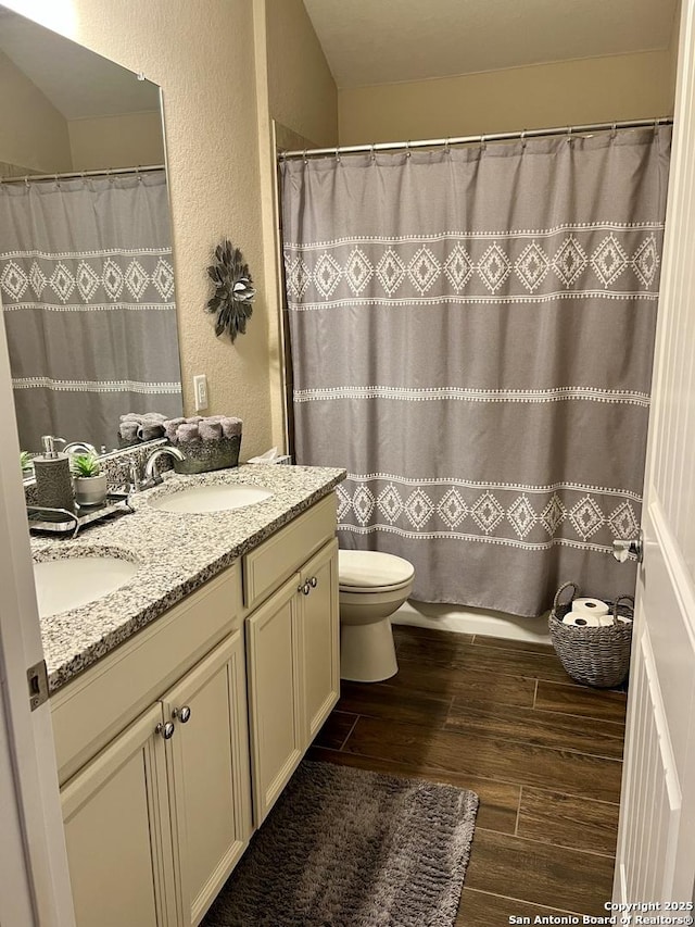 bathroom with vanity, wood-type flooring, toilet, and a shower with shower curtain