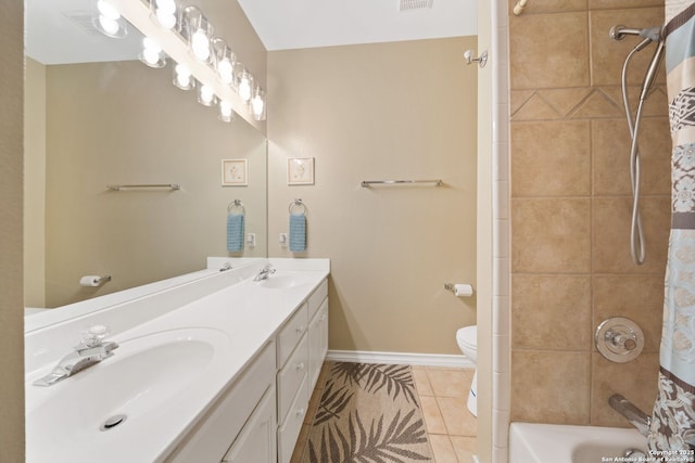 full bathroom with shower / bath combination with curtain, vanity, toilet, and tile patterned flooring