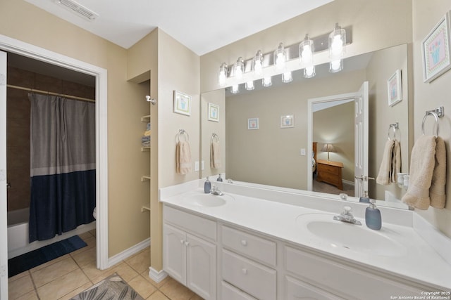 full bathroom featuring toilet, vanity, shower / bathtub combination with curtain, and tile patterned flooring