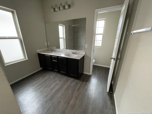 bathroom with wood-type flooring, vanity, and toilet