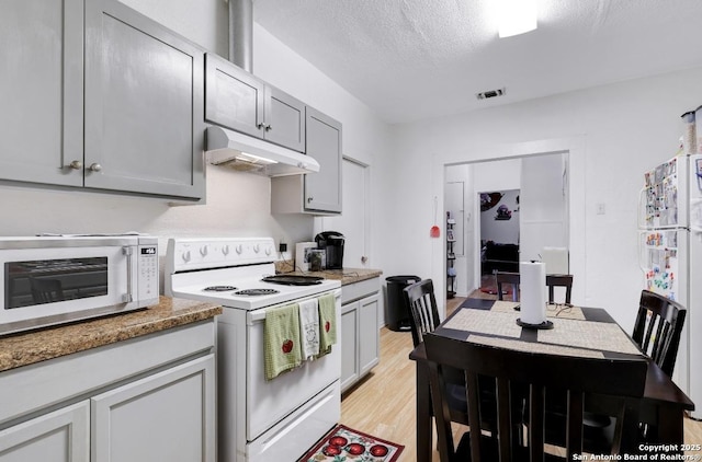 kitchen featuring gray cabinets, light wood-type flooring, a textured ceiling, and white appliances