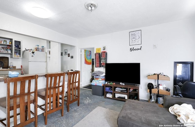 living room featuring a textured ceiling