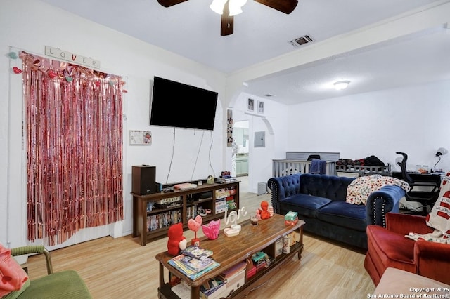 living room with light hardwood / wood-style flooring, electric panel, and ceiling fan