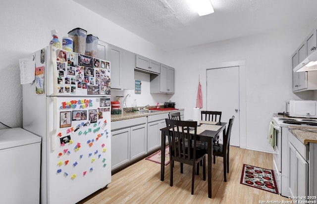 kitchen with sink, a textured ceiling, gray cabinets, white appliances, and light hardwood / wood-style floors