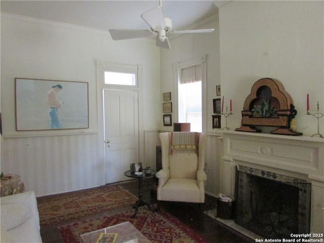 living room with crown molding, a high end fireplace, and ceiling fan