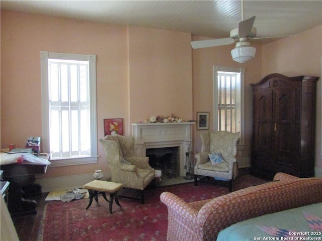 living room with wood-type flooring and ceiling fan