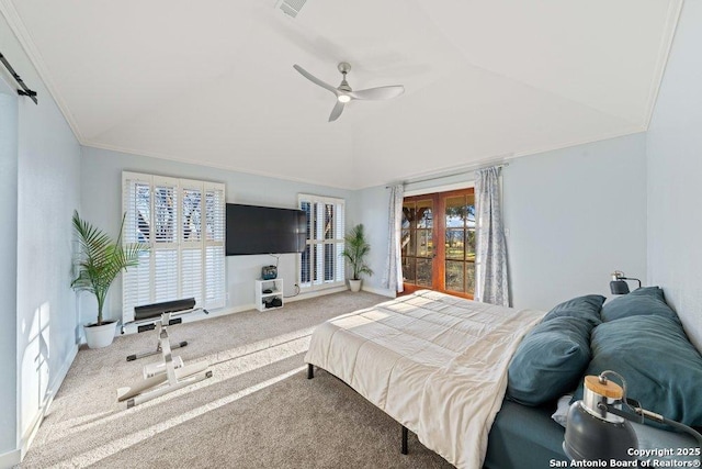 carpeted bedroom with ornamental molding, lofted ceiling, access to outside, and ceiling fan