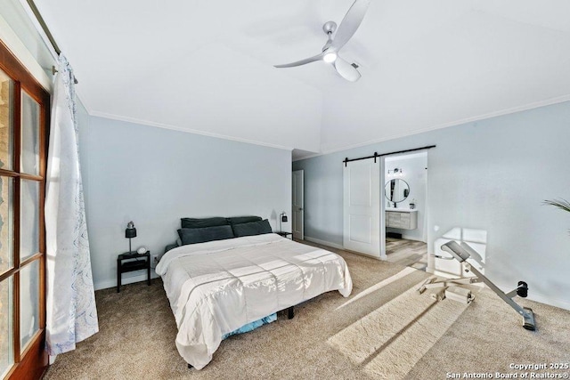 bedroom with crown molding, high vaulted ceiling, carpet floors, ceiling fan, and a barn door