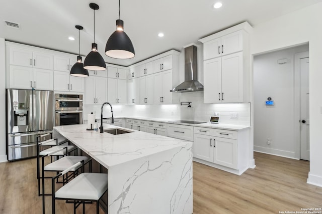 kitchen featuring visible vents, decorative backsplash, wall chimney exhaust hood, stainless steel appliances, and a sink