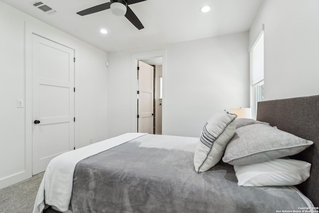 bedroom featuring a ceiling fan, recessed lighting, visible vents, and carpet flooring