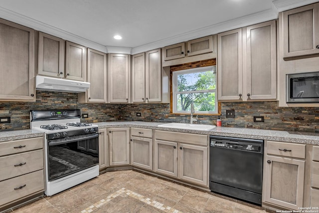 kitchen with sink, black dishwasher, ornamental molding, decorative backsplash, and range with gas cooktop