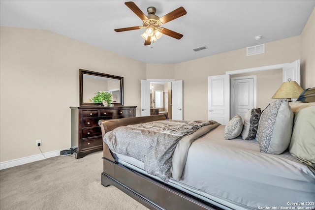 bedroom featuring ceiling fan, a closet, and light carpet