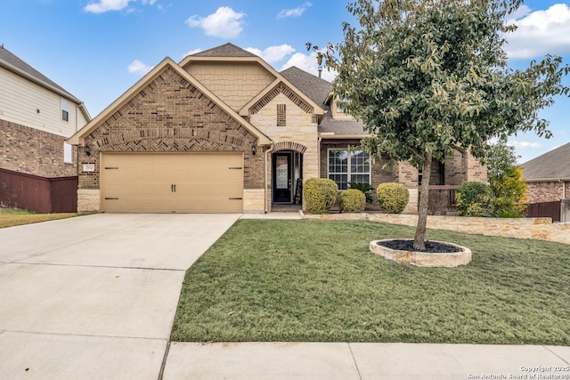 craftsman-style home with a garage and a front lawn