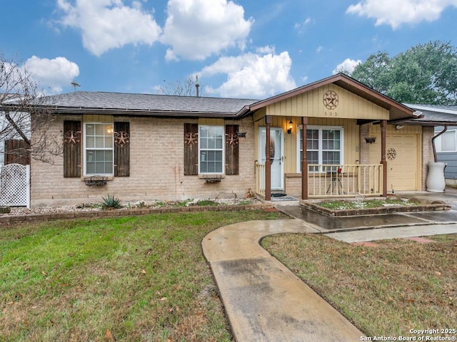 ranch-style house with a garage, covered porch, and a front lawn