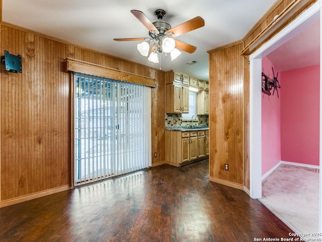 interior space featuring tasteful backsplash, sink, ceiling fan, and dark colored carpet