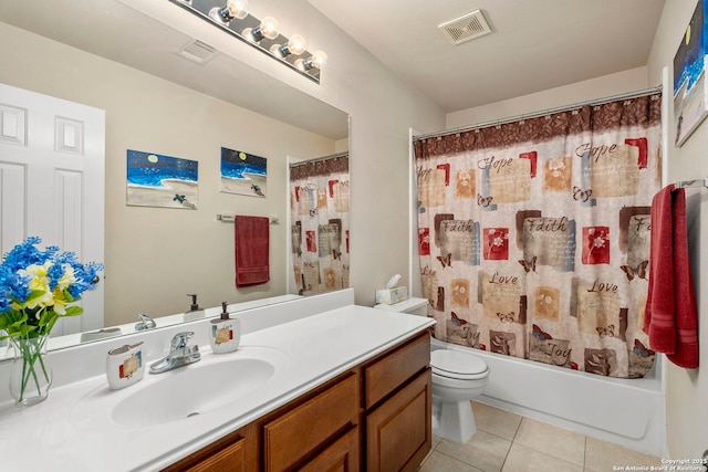 full bathroom featuring tile patterned flooring, vanity, shower / bath combo, and toilet