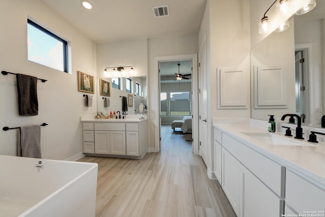 bathroom featuring wood-type flooring, a wealth of natural light, vanity, and a tub to relax in