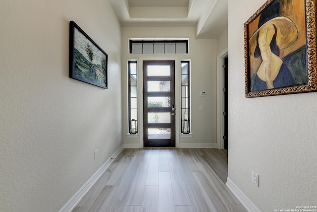 foyer entrance featuring light hardwood / wood-style flooring and a raised ceiling