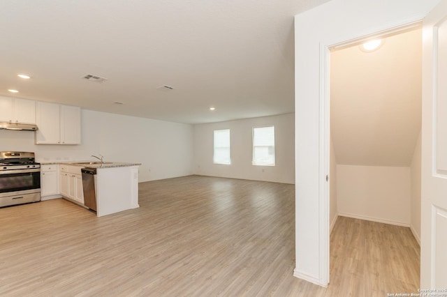 kitchen featuring sink, light hardwood / wood-style flooring, appliances with stainless steel finishes, kitchen peninsula, and white cabinets