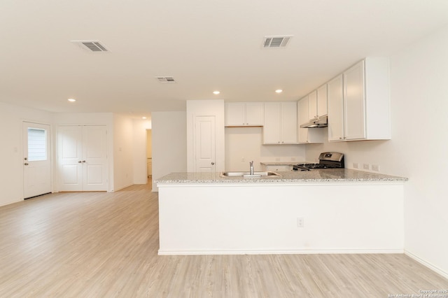 kitchen with white cabinetry, sink, stainless steel stove, and light stone countertops