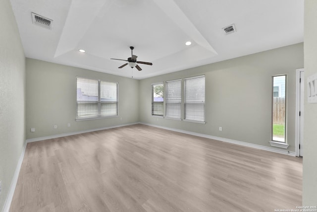 spare room featuring a healthy amount of sunlight, a tray ceiling, and light hardwood / wood-style flooring