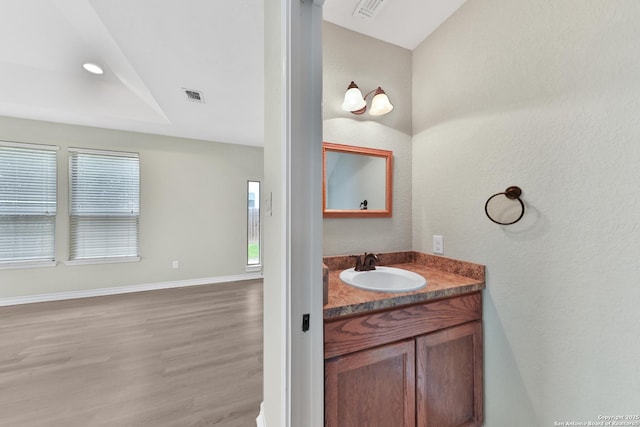 bathroom with hardwood / wood-style flooring and vanity