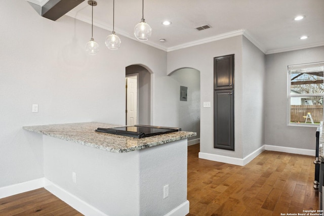 kitchen with crown molding, hanging light fixtures, wood-type flooring, light stone countertops, and kitchen peninsula