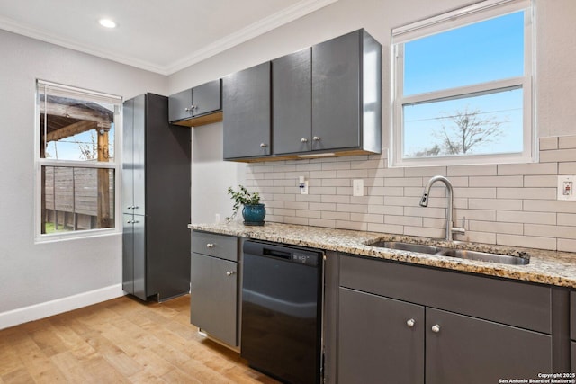 kitchen featuring sink, crown molding, dishwasher, light stone countertops, and decorative backsplash