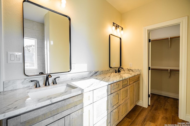 bathroom with wood-type flooring and vanity