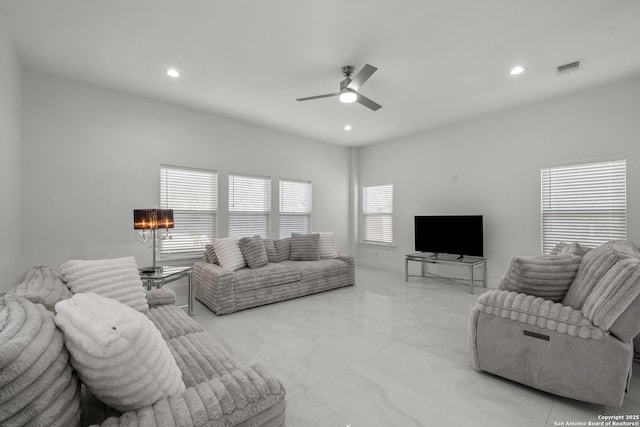 living room with ceiling fan