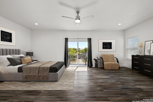 bedroom featuring dark wood-type flooring, ceiling fan, and access to exterior