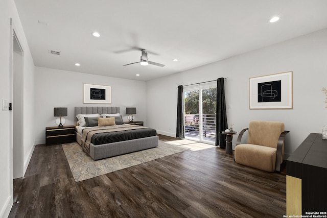 bedroom with ceiling fan, wood-type flooring, and access to outside