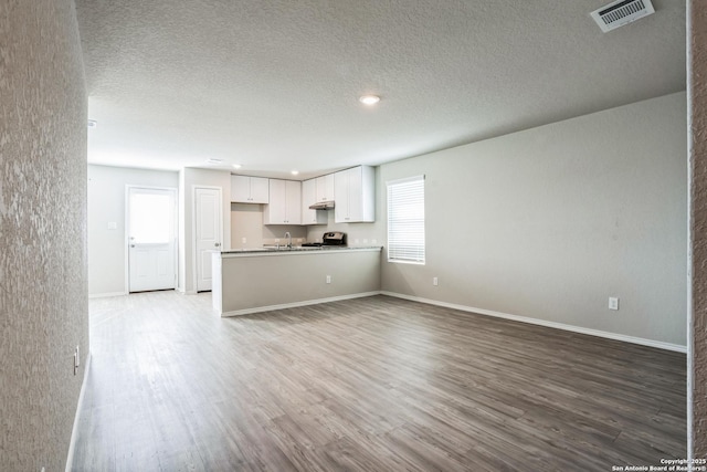 unfurnished living room with sink, a textured ceiling, and light wood-type flooring