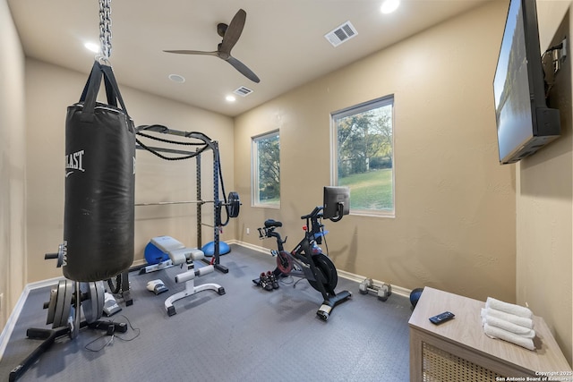 exercise area featuring ceiling fan