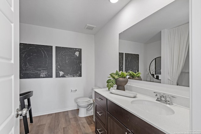 bathroom with vanity, wood-type flooring, and toilet