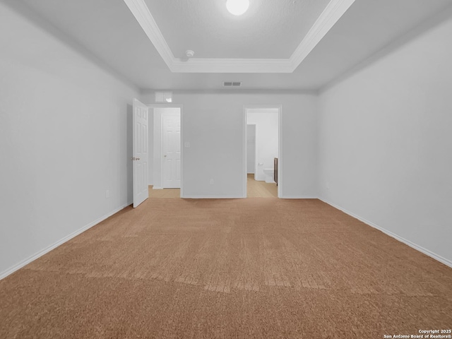 carpeted empty room featuring a tray ceiling and ornamental molding