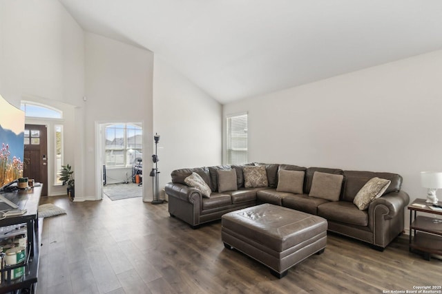 living room with dark wood-type flooring and high vaulted ceiling