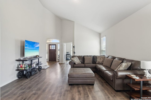 living room featuring dark wood-type flooring, high vaulted ceiling, and a healthy amount of sunlight