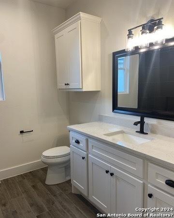 bathroom with hardwood / wood-style flooring, vanity, and toilet