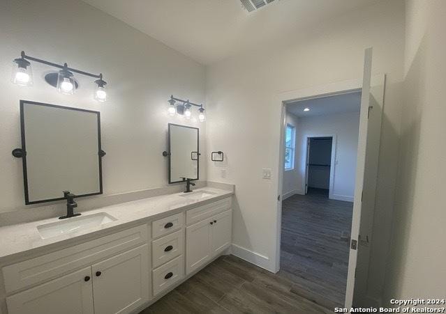 bathroom with wood-type flooring and vanity