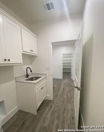 washroom featuring sink and dark hardwood / wood-style floors