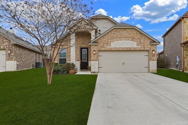 view of property featuring cooling unit, a garage, and a front lawn