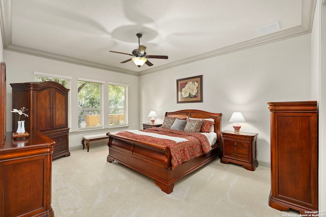 bedroom with a ceiling fan, carpet, visible vents, and crown molding