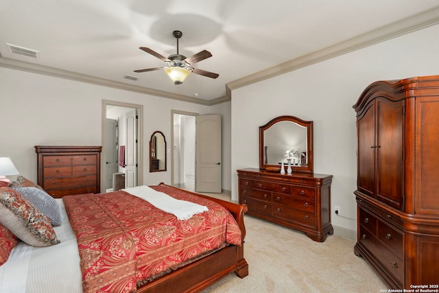 bedroom with ornamental molding, a ceiling fan, visible vents, and light colored carpet